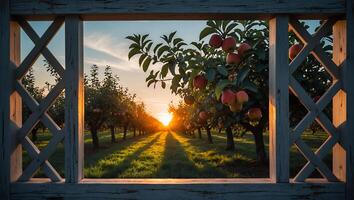 Viewing Apple Orchard at Sunset Through Wooden Frame with Warm Light photo