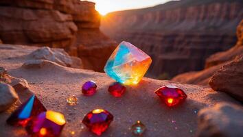 Colorful Gems Displayed on Desert Landscape at Sunset Creating Magic photo