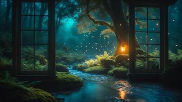 Window View of Enchanted Forest Stream with Glowing Lantern Light photo