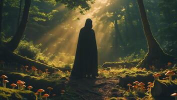 Figure in Cloak Walking Through Sunlit Forest with Mushrooms photo
