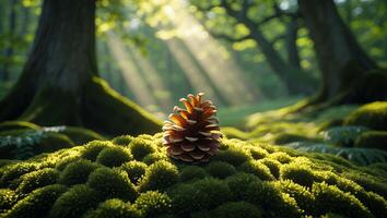 Pine Cone on Mossy Ground in Forest with Sunlight Streaming Through photo