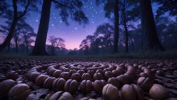 Walnut Circle on Forest Floor Under Starry Night Sky photo