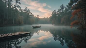 Peaceful Lake with Foggy Forest and Reflections at Dawn photo