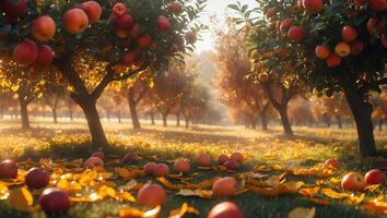 Walking Through Apple Orchard with Golden Light and Fallen Leaves photo