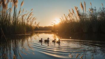 Ducks Swimming in Lake at Sunset with Tall Grasses Reflecting photo