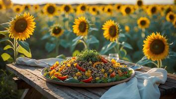 Grain Salad Displayed on Wooden Table Within a Sunflower Field photo