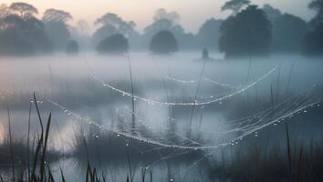 Foggy Marsh Landscape with Dew Covered Spiderweb and Grasses photo