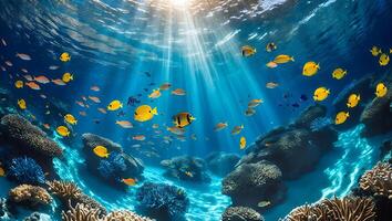 Swimming Fish in Blue Ocean Water with Coral and Sunlight Beams photo