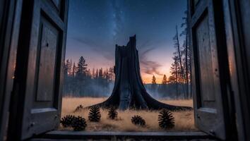 Viewing Tree Stump Through Open Door at Twilight Nature Scene photo