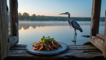Lake View with Salad and a Heron Bird in the Water photo