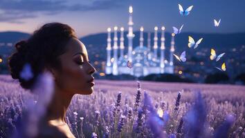 Woman Relaxing in Lavender Field with Butterflies and Cityscape View photo