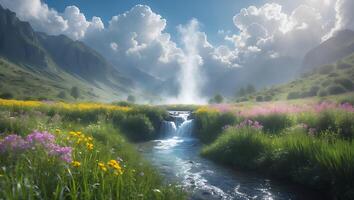 Cascading Waterfall Flows Through Meadow with Mountains and Cloudy Sky photo