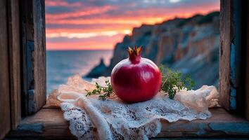 Pomegranate on Window Sill with Lace Overlooking Ocean Sunset View photo