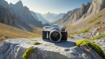 Vintage Camera on Rock with Mountain Range Background Landscape Photography photo