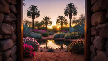 Desert Oasis View with Palm Trees Sunset and Reflecting Pool photo