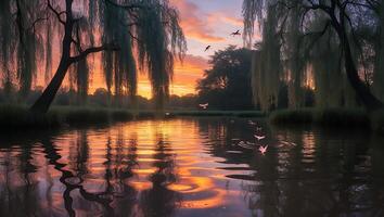 Willow Trees Reflecting Colorful Sunset Over Calm Lake with Flying Birds photo