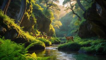 Deer Herd Grazing by River in Sunlit Green Forest Landscape photo