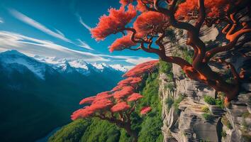 Red Tree on Cliff Overlooking Mountains and Valley Landscape View photo