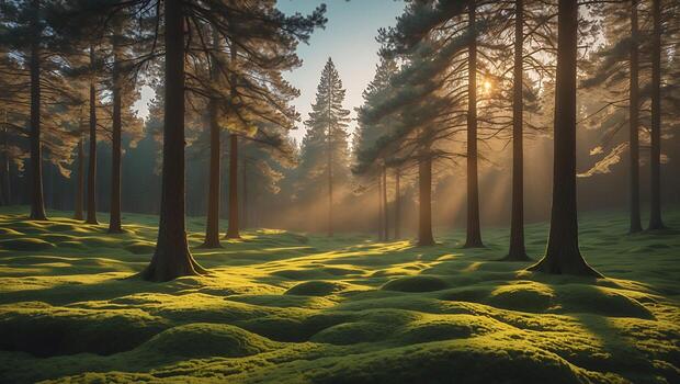 Sun Rays Shining Through Trees in a Mossy Forest Landscape photo