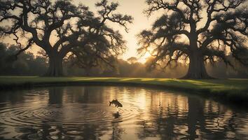 Fish Jumping in Pond at Golden Hour with Ancient Trees photo