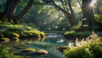 Tranquil Forest Stream with Dragonflies and Sunbeams in Natural Setting photo