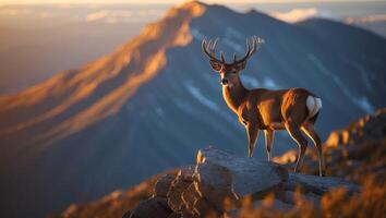 Deer Standing on Rocky Peak Overlooking Mountain Landscape at Sunrise photo