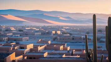 Desert Village with Sand Dunes and Cacti at Soft Sunset Light photo