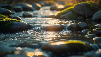 Flowing Stream Over Rocks with Moss and Golden Sunlight Reflection photo