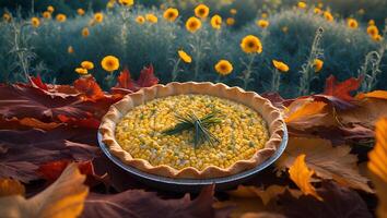 Corn Pie on Autumn Leaves with Sunflower Field Background photo