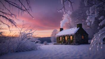 Charming Winter Cottage Scene at Dusk with Snow and Icicles photo