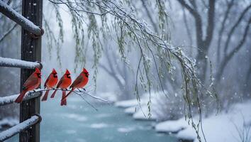 Cardinals Perched on Branch in Winter Snowfall by Frozen River photo