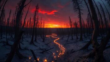 Glowing Trail Through Forest Remains at Sunset with Fiery Sky photo