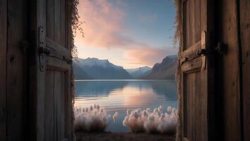 Viewing Mountain Lake Landscape Through Open Wooden Door During Sunset photo