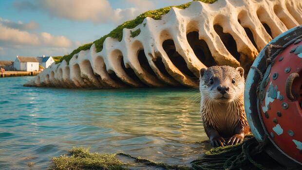 Otter Standing in Water Near Large Bone Structure on Shore photo
