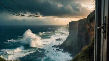 Dramatic Ocean View From Open Window with Waves Crashing on Cliffs photo
