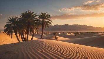 Palm Trees in Desert Landscape at Sunrise with Sand Dune Patterns photo