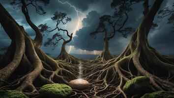 Dramatic Landscape with Ancient Trees, Twisted Roots, Lightning and Moss photo