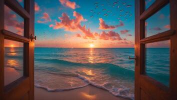 Open Window View of Ocean at Sunset with Colorful Clouds photo