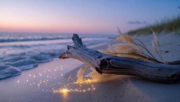Driftwood and Pampas Grass at Sandy Beach During Evening Sunset photo
