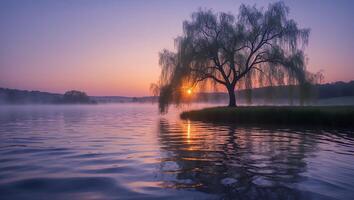 Willow Tree Reflected in Lake at Sunrise with Foggy Background photo