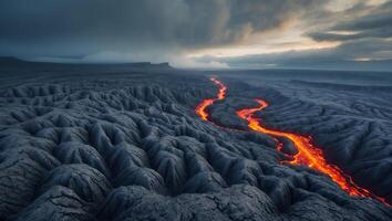 Flowing Lava River Through Rocky Landscape Under Cloudy Sky Scenery photo