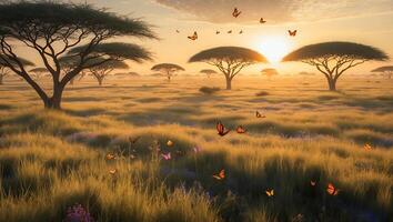 Tranquil Grassland with Trees and Flying Butterflies at Sunset photo