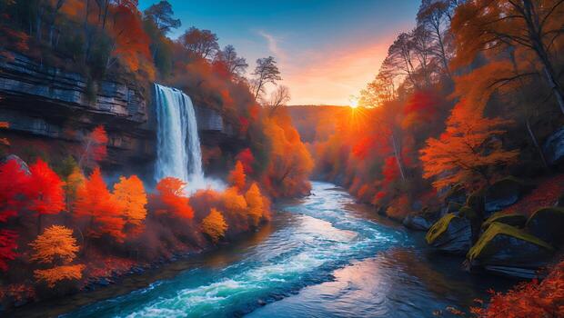 Waterfall Flowing Into River Surrounded by Autumn Colored Trees at Sunset photo