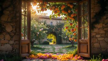 Open Door to Orchard View with Fallen Flowers and Sunlight photo