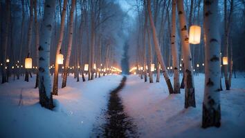 Walking Path Through Snowy Birch Forest with Glowing Lanterns photo
