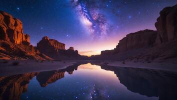 Reflecting Galaxy and Night Sky Over Still Desert Lake Water photo