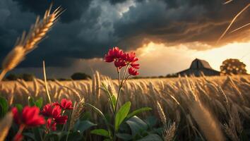 Red Flowers in Wheat Field with Dramatic Sky and Golden Light photo