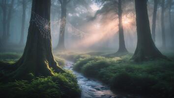 Stream Flowing Through Misty Forest with Sunlight and Cobweb Scenery photo