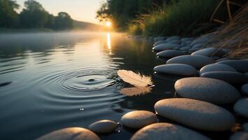Feather Floating on Calm Water with Ripple Effect at Sunrise photo