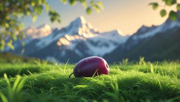 Plum Resting on Green Grass with Snow-capped Mountains Backdrop photo